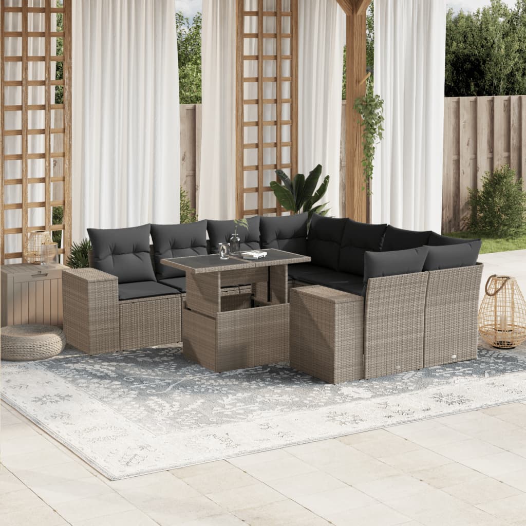 Vetonek Set muebles jardín 9 pzas y cojines ratán sintético gris claro