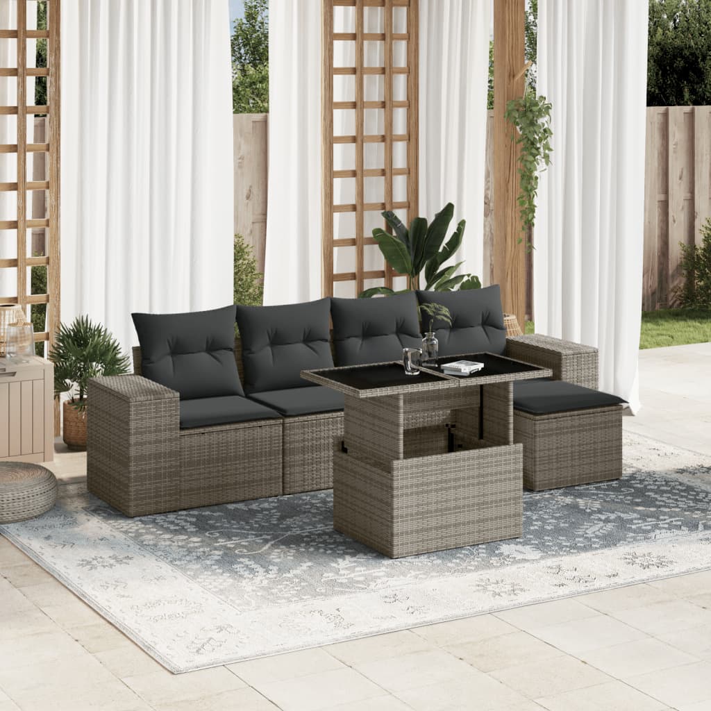 Vetonek Set de muebles de jardín 6 pzas y cojines ratán sintético gris