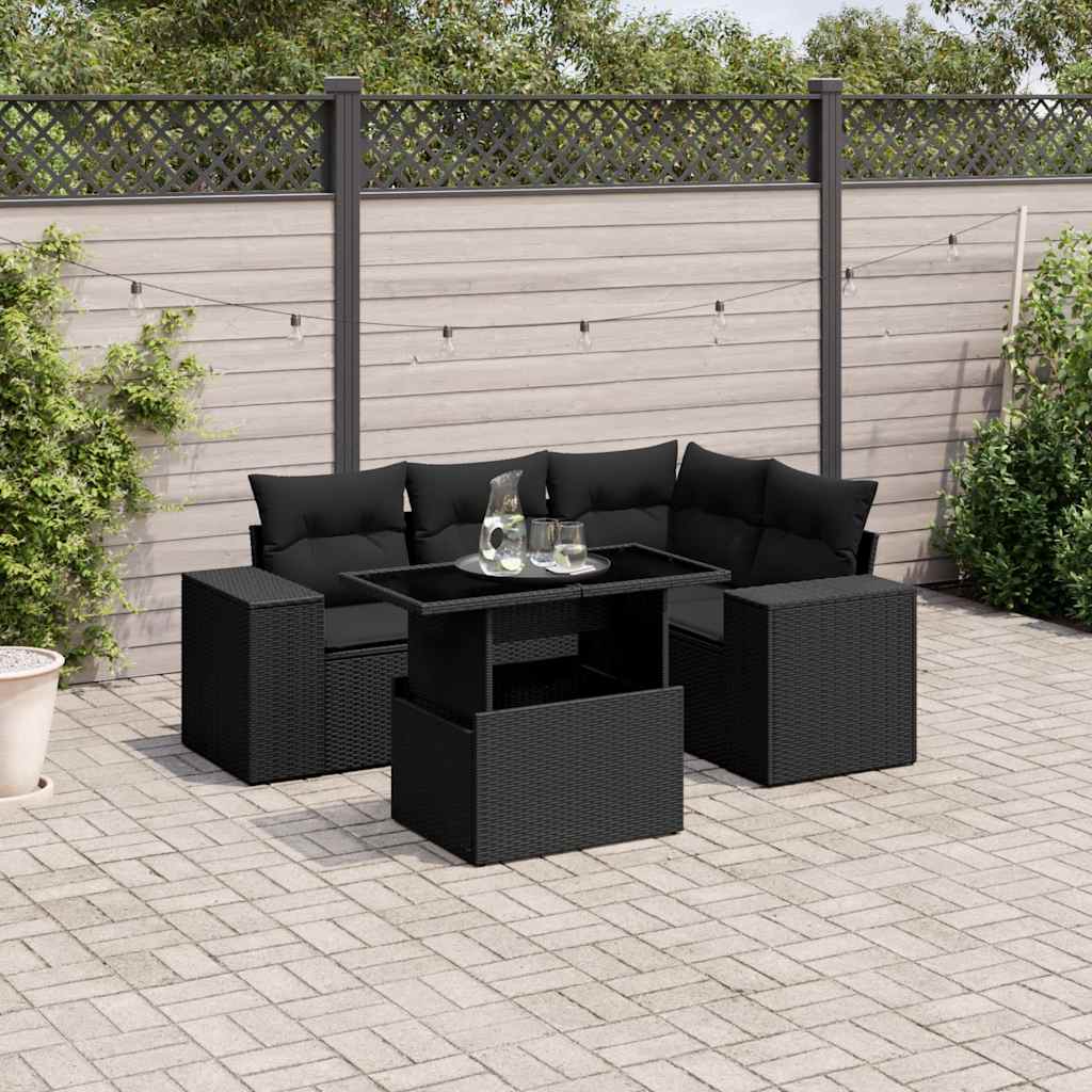 Vetonek Set de muebles de jardín 5 pzas y cojines ratán sintético negro