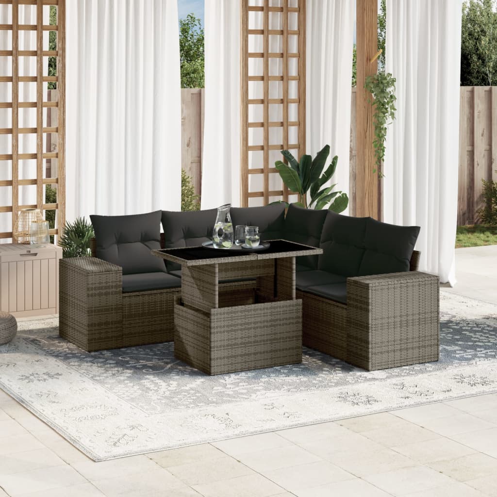 Vetonek Set de muebles de jardín 6 pzas y cojines ratán sintético gris