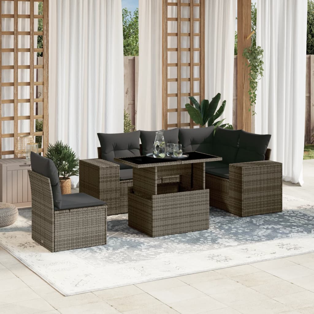 Vetonek Set de muebles de jardín 6 pzas y cojines ratán sintético gris