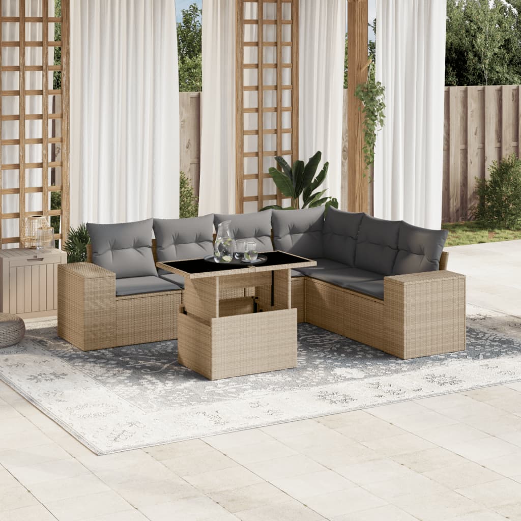 Vetonek Set sofás de jardín 7 piezas y cojines ratán sintético beige