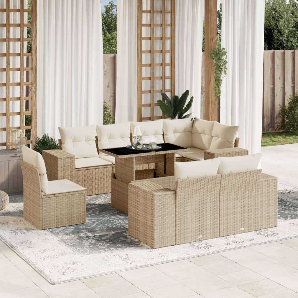 Vetonek Set de sofás de jardín 9 pzas con cojines ratán sintético beige