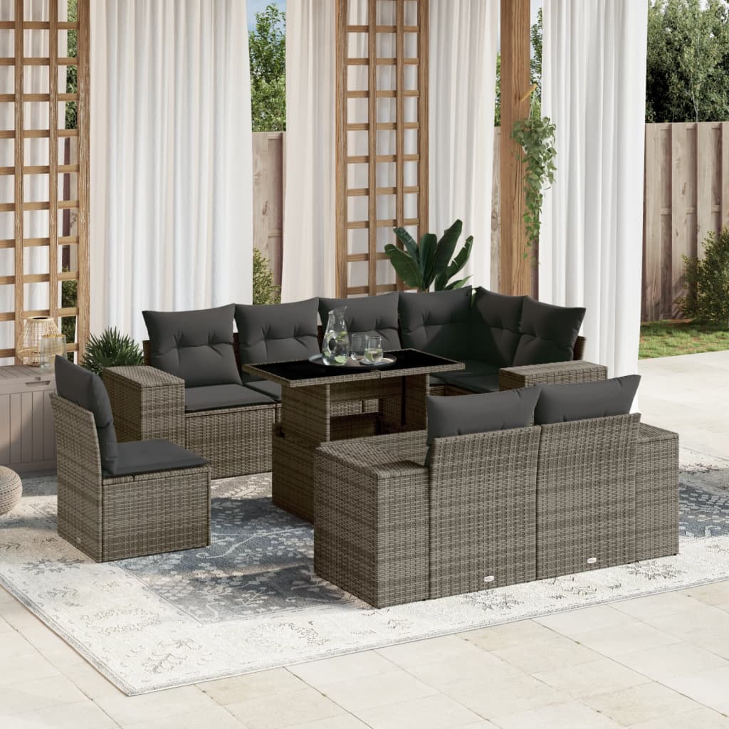 Vetonek Set de muebles de jardín 9 pzas y cojines ratán sintético gris