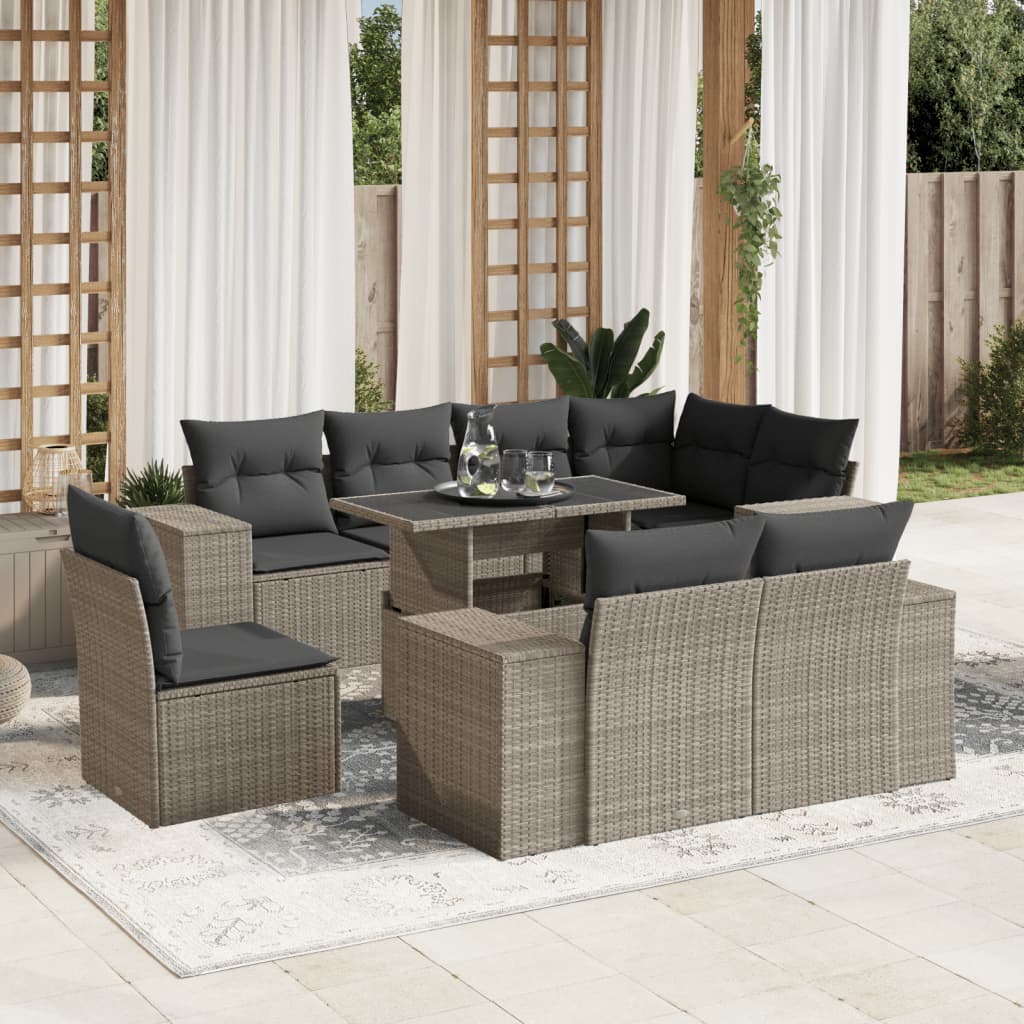 Vetonek Set muebles jardín 9 pzas y cojines ratán sintético gris claro