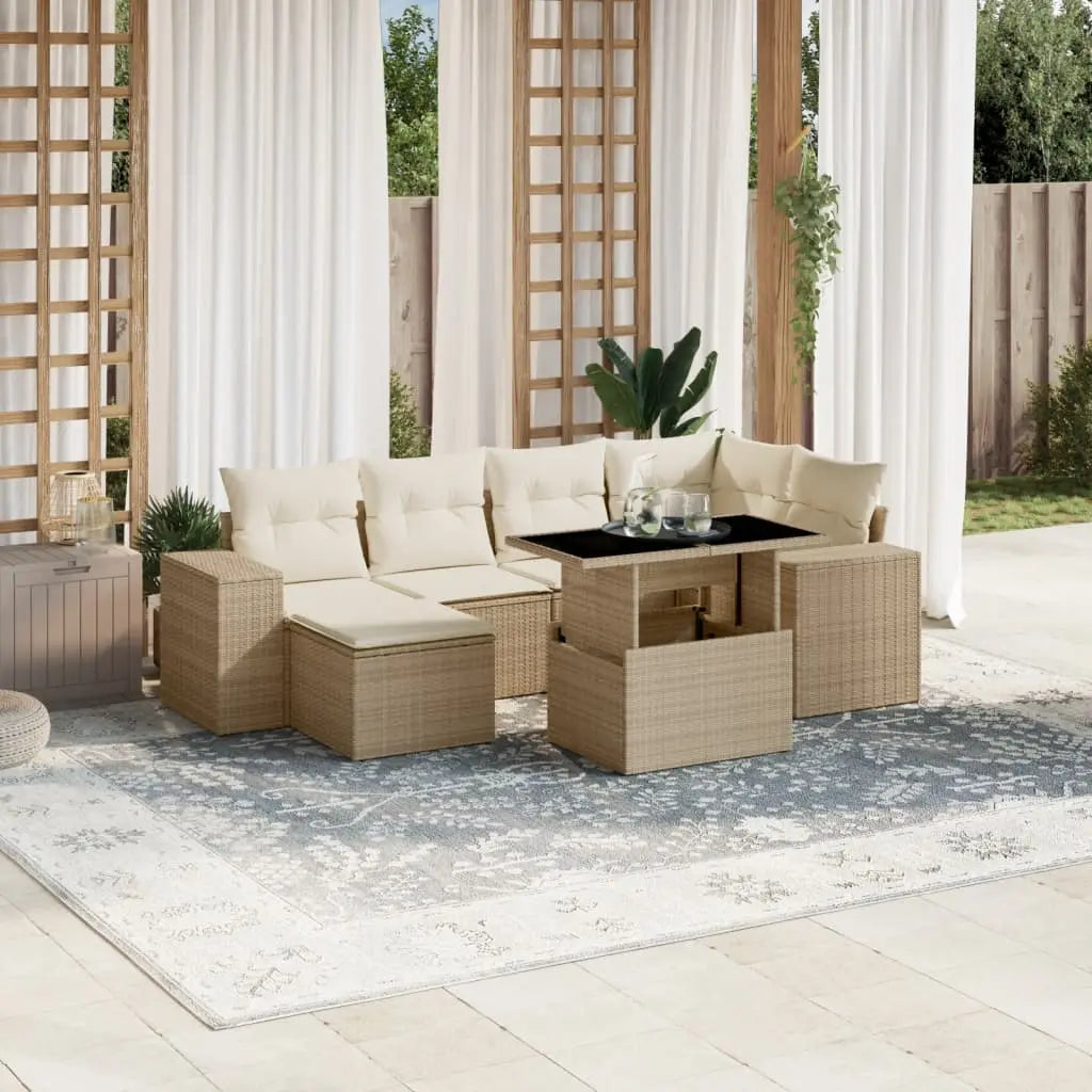 Vetonek Set sofás de jardín 7 piezas y cojines ratán sintético beige