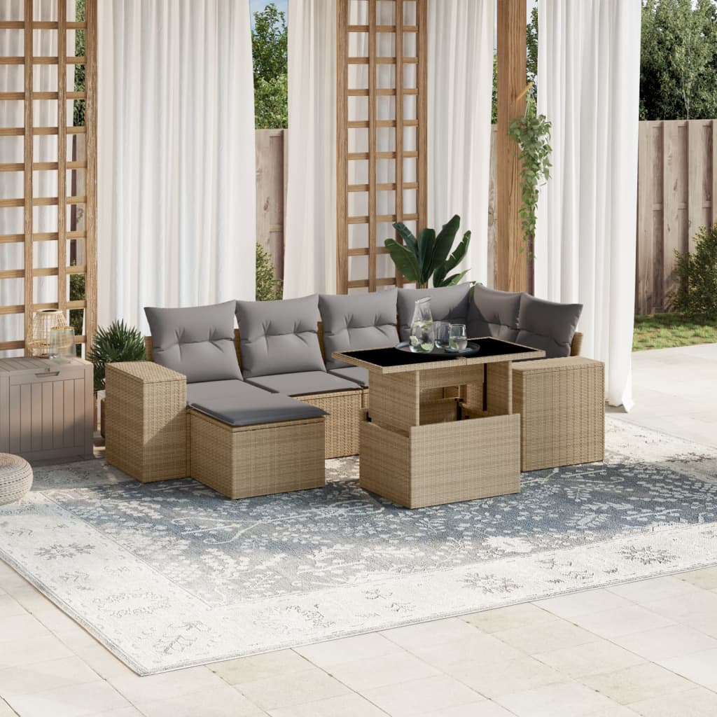 Set sofás de jardín 7 piezas y cojines ratán sintético beige V4427 Vetonek