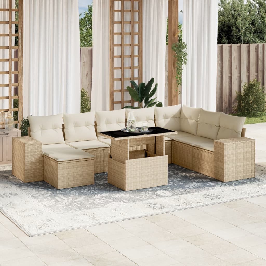 Vetonek Set de sofás de jardín 9 pzas con cojines ratán sintético beige