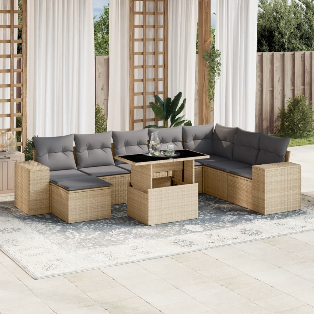 Vetonek Set de sofás de jardín 9 pzas con cojines ratán sintético beige