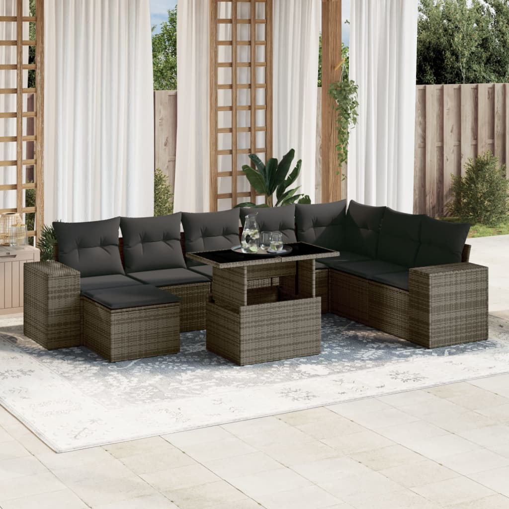 Vetonek Set de muebles de jardín 9 pzas y cojines ratán sintético gris