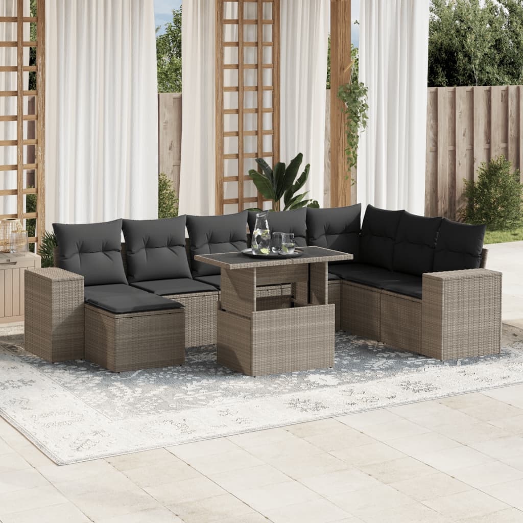 Vetonek Set muebles jardín 9 pzas y cojines ratán sintético gris claro