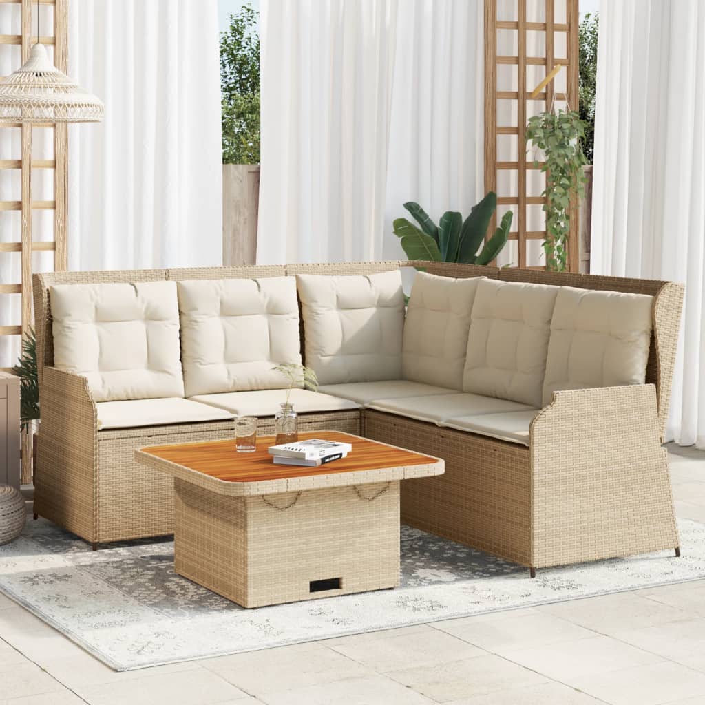 Set muebles de jardín 4 piezas y cojines ratán sintético beige