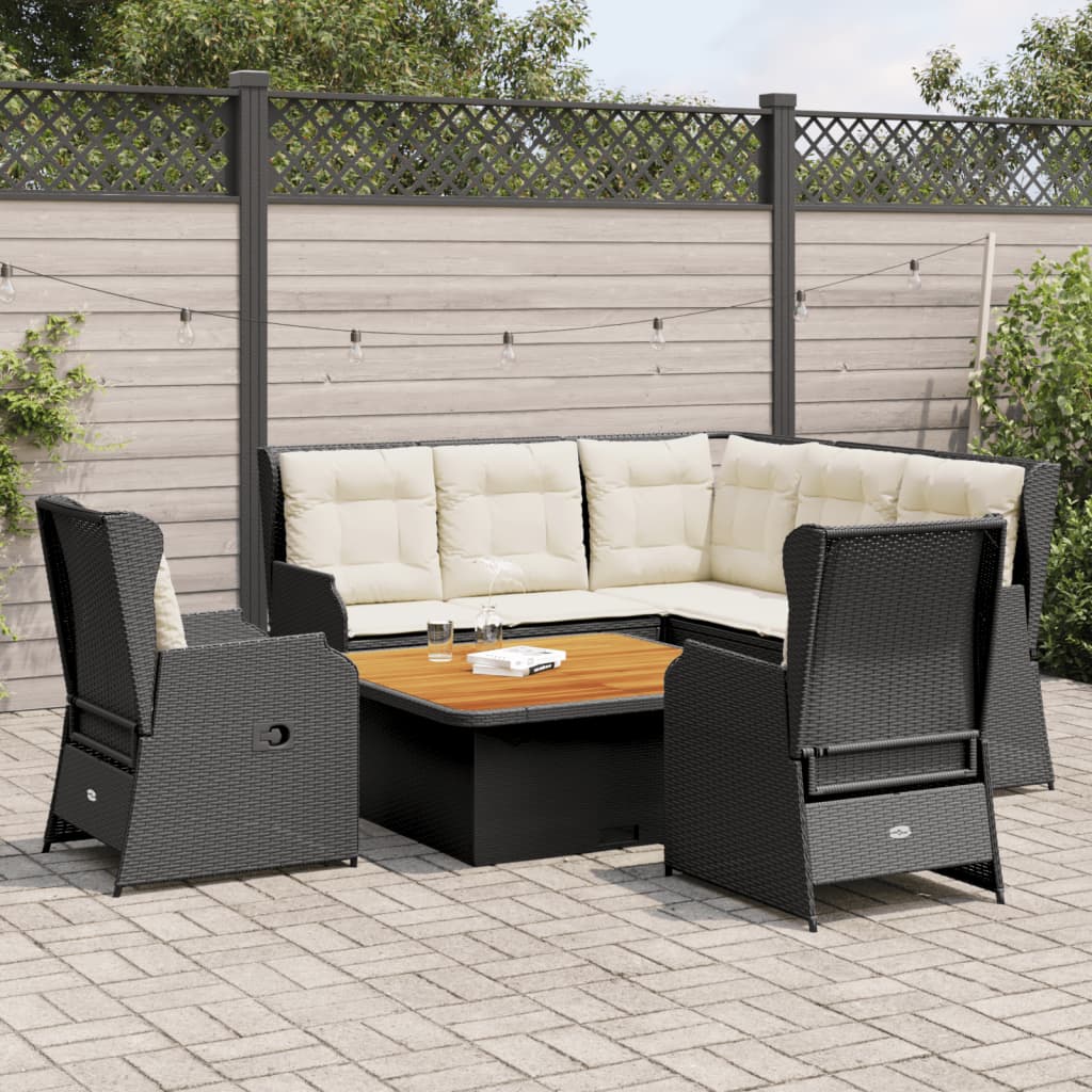 Vetonek Set muebles de jardín 6 piezas y cojines ratán sintético negro