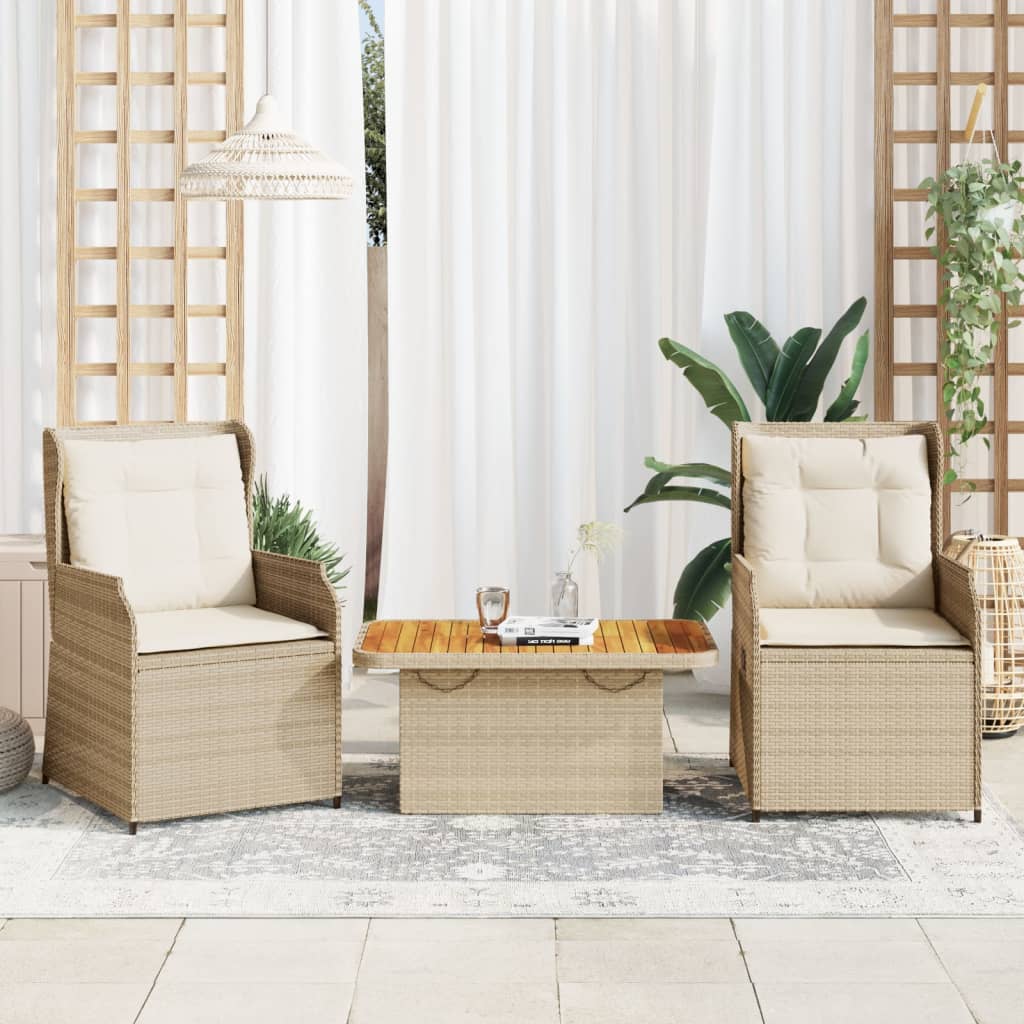 Vetonek Set muebles de jardín 3 piezas y cojines ratán sintético beige