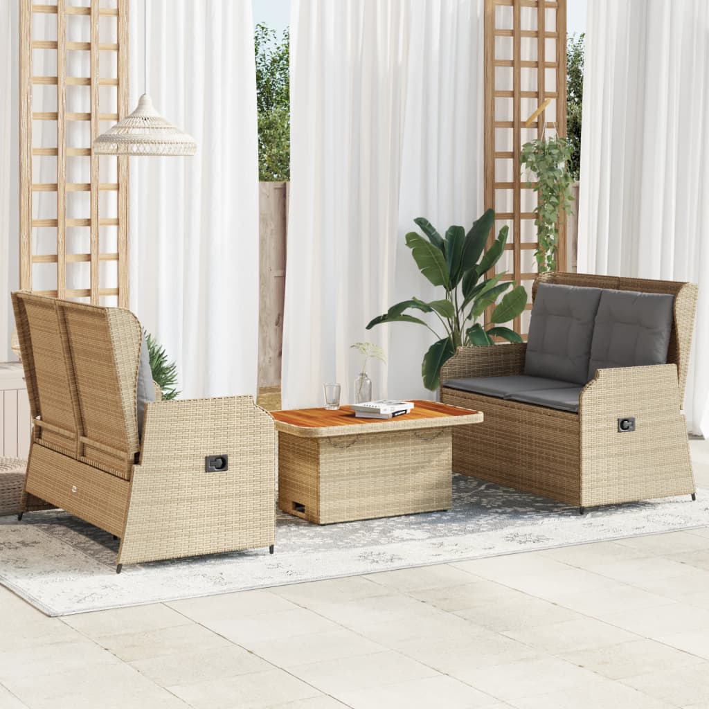 Vetonek Set muebles de jardín 3 piezas y cojines ratán sintético beige