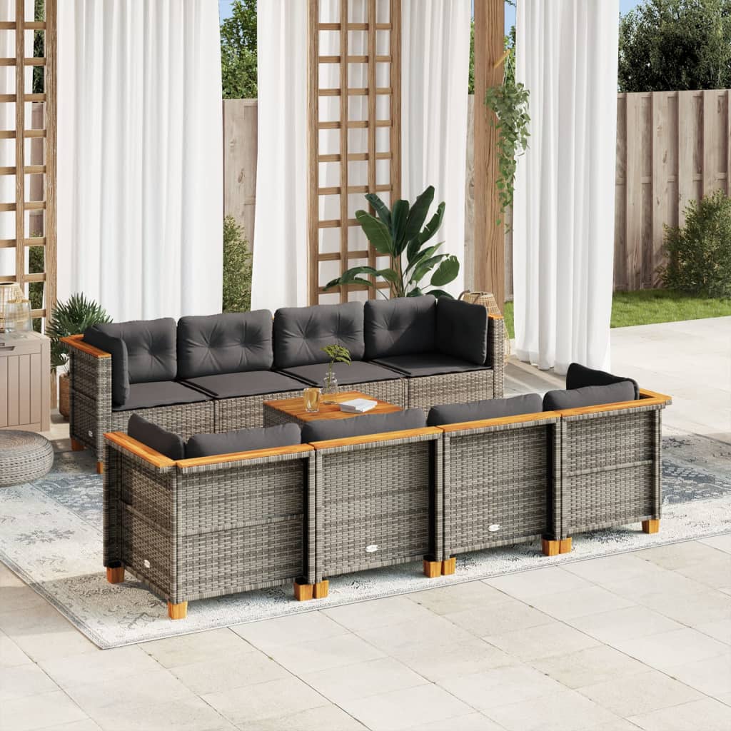 Vetonek Set de muebles de jardín 9 pzas y cojines ratán sintético gris