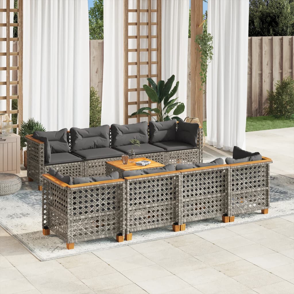 Vetonek Set de muebles de jardín 9 pzas y cojines ratán sintético gris