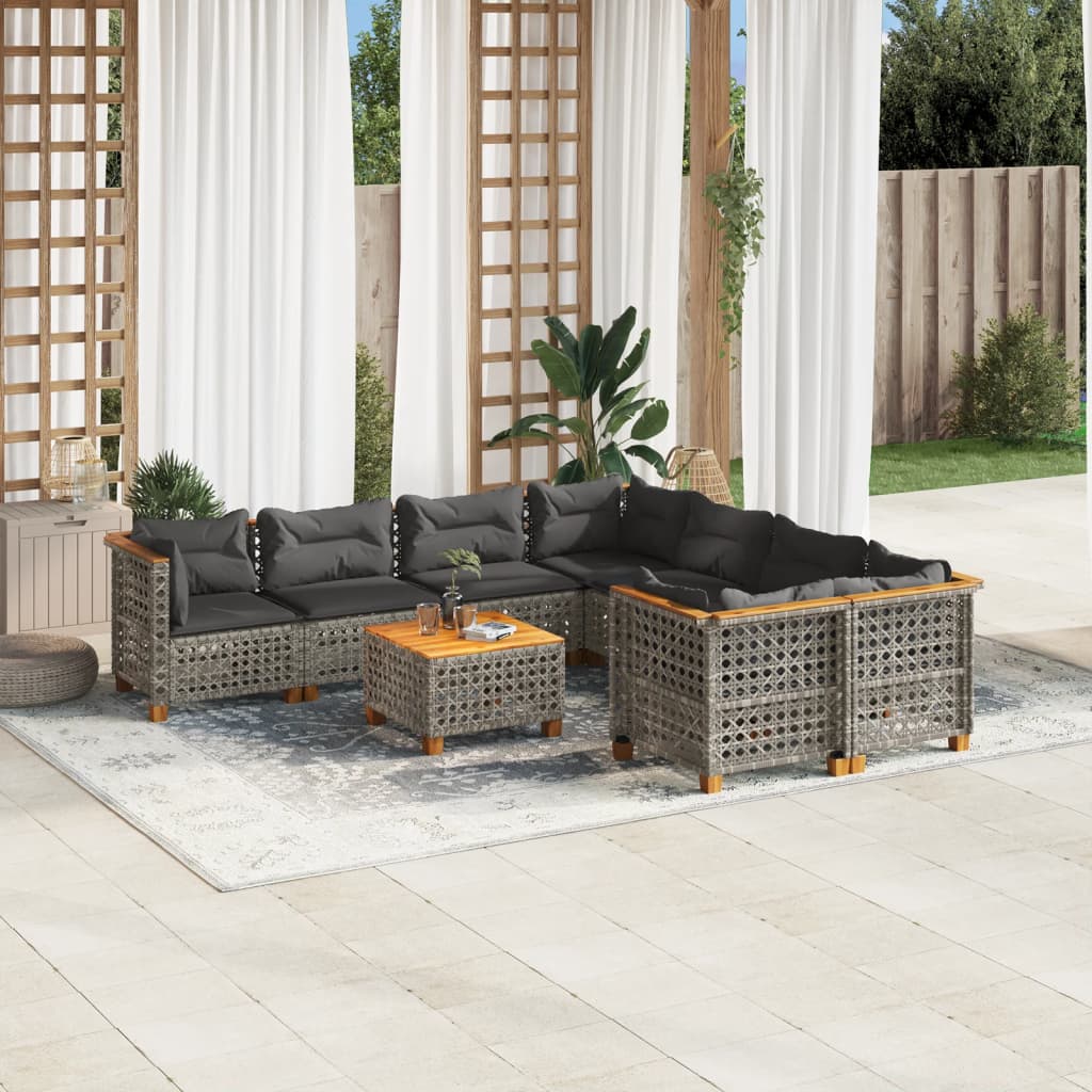 Vetonek Set de muebles de jardín 9 pzas y cojines ratán sintético gris