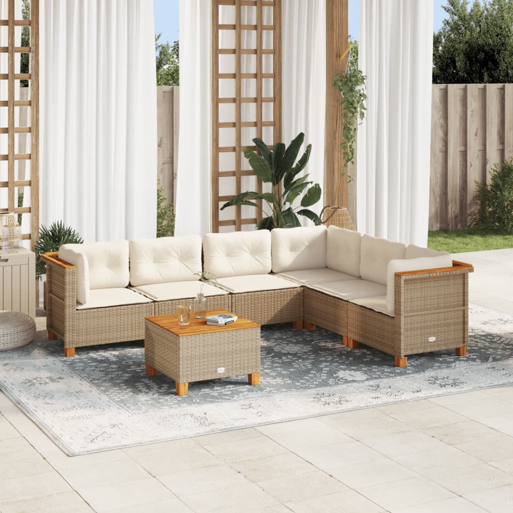 Set sofás de jardín 7 piezas y cojines ratán sintético beige