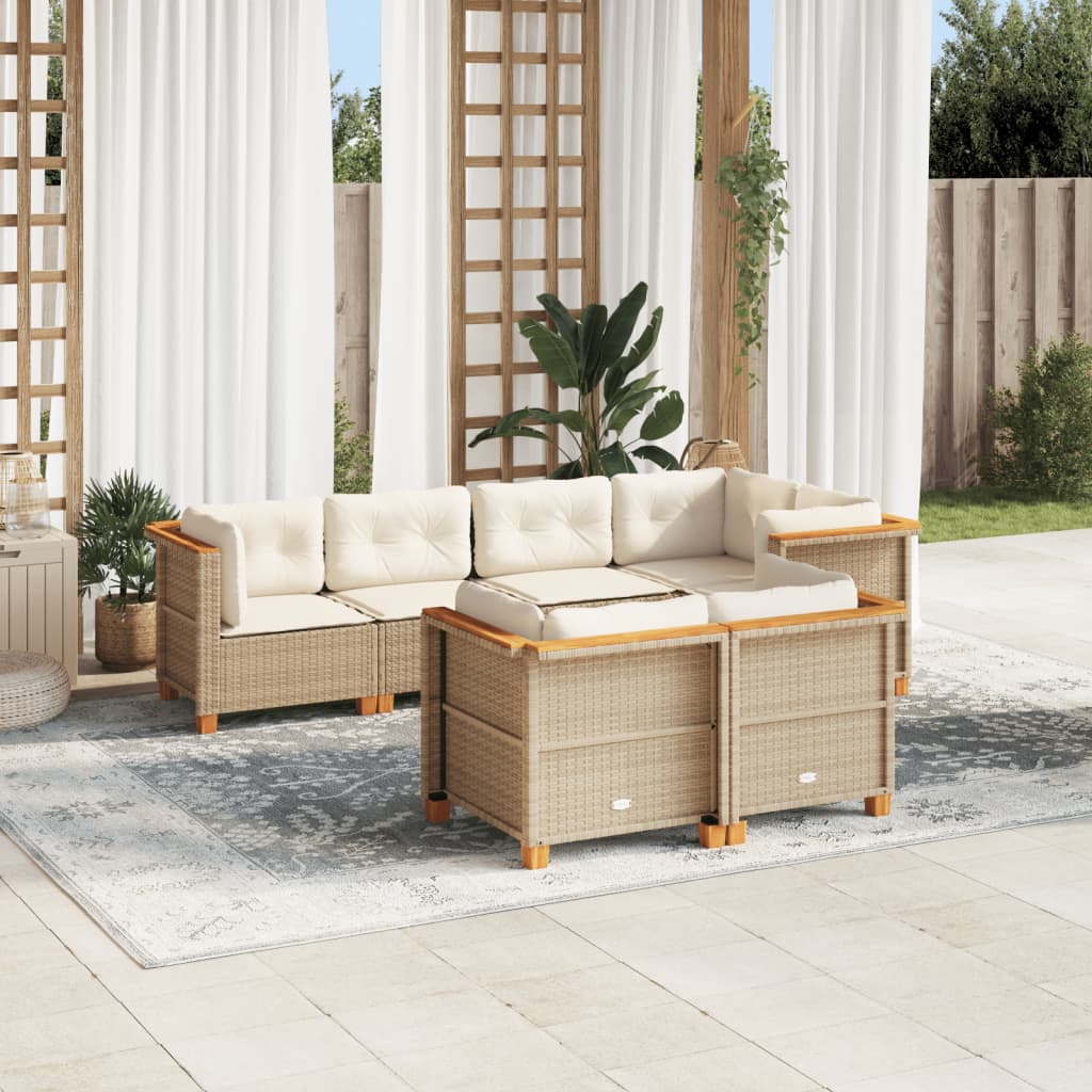 Set sofás de jardín 7 piezas y cojines ratán sintético beige