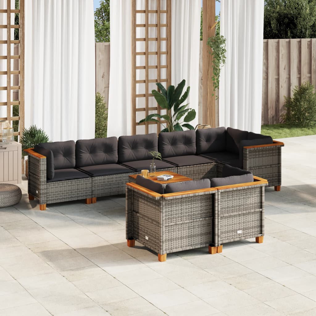 Vetonek Set de muebles de jardín 9 pzas y cojines ratán sintético gris