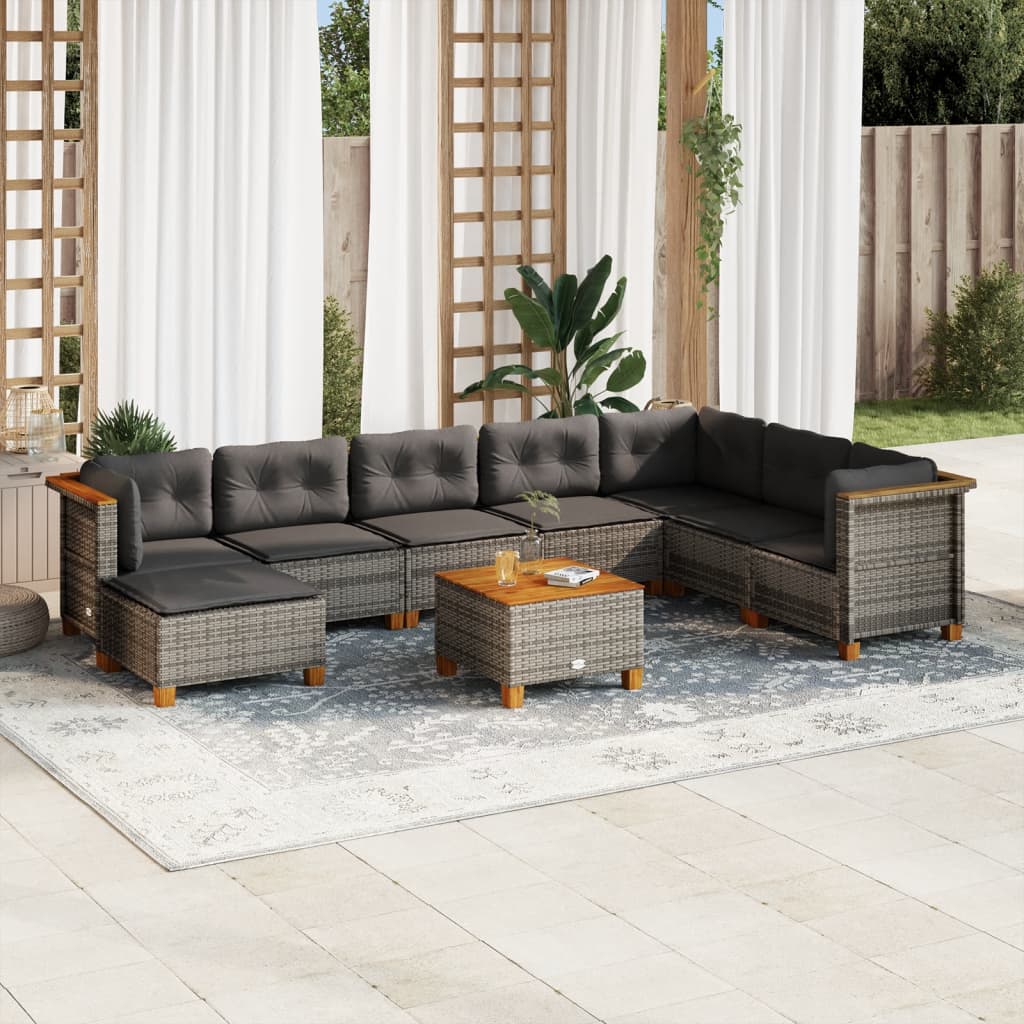 Vetonek Set de muebles de jardín 9 pzas y cojines ratán sintético gris