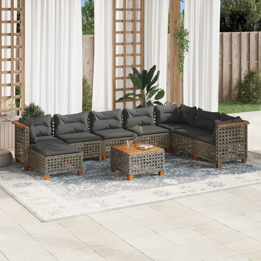 Vetonek Set de muebles de jardín 9 pzas y cojines ratán sintético gris