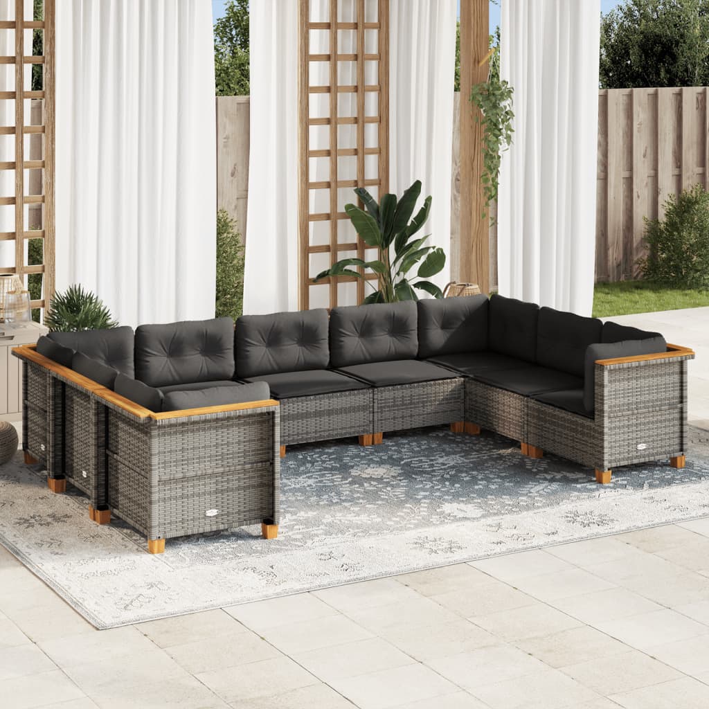 Vetonek Set de muebles de jardín 9 pzas y cojines ratán sintético gris