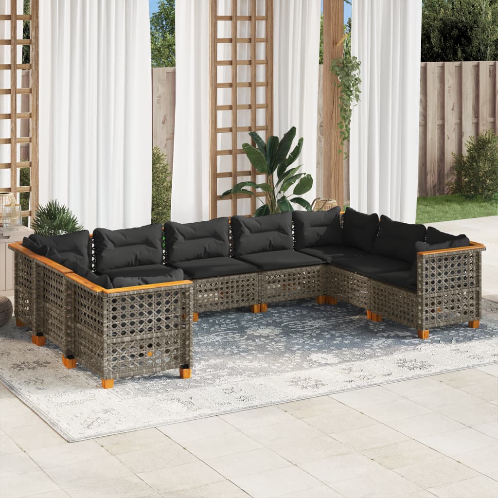 Vetonek Set de muebles de jardín 9 pzas y cojines ratán sintético gris