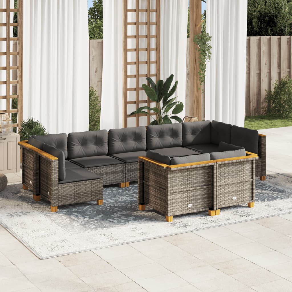 Vetonek Set de muebles de jardín 9 pzas y cojines ratán sintético gris