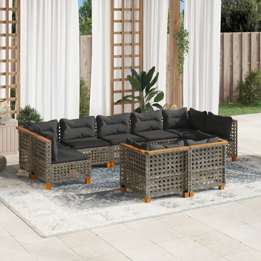 Vetonek Set de muebles de jardín 9 pzas y cojines ratán sintético gris