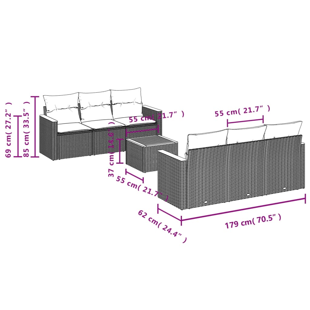 Garten -Ess -Set 7 PCs und schwarze synthetische Rattan -Kissen