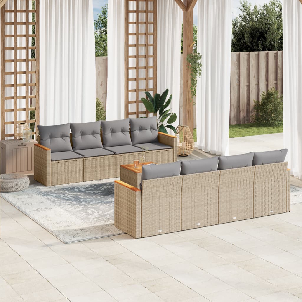 Vetonek Set de sofás de jardín 9 pzas con cojines ratán sintético beige