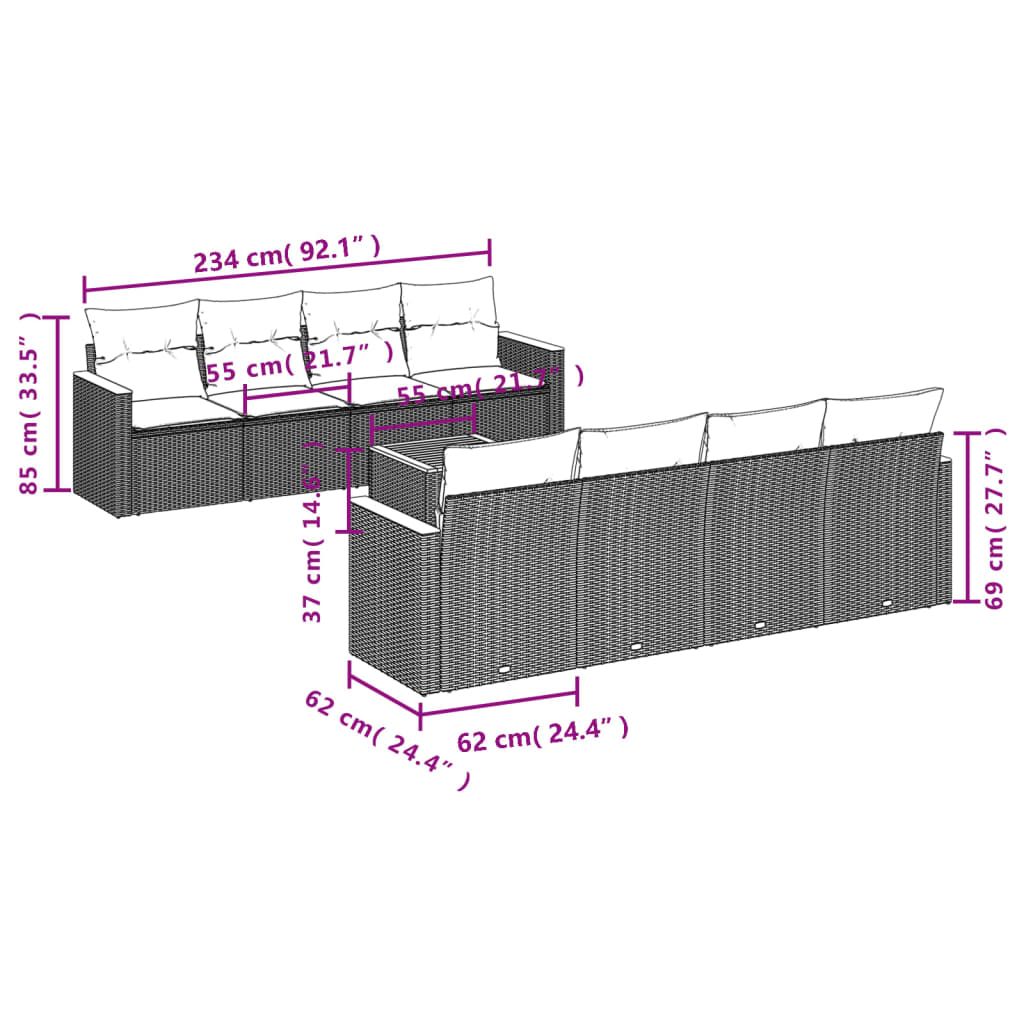 Set de muebles de jardín 9 pzas y cojines ratán sintético gris - Vetonek