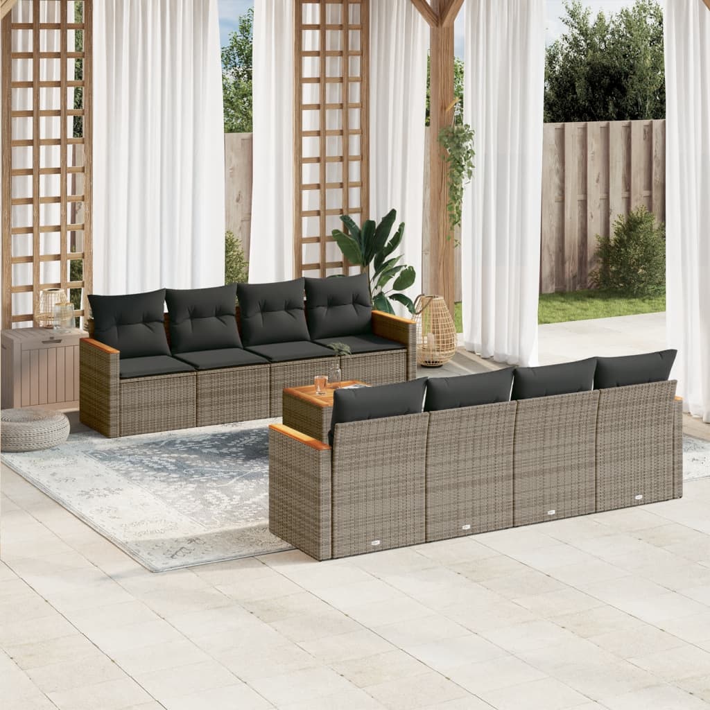 Vetonek Set de muebles de jardín 9 pzas y cojines ratán sintético gris