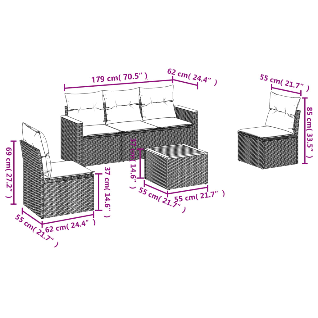 Garden furniture set 6 pcs and gray synthetic rattan cushions