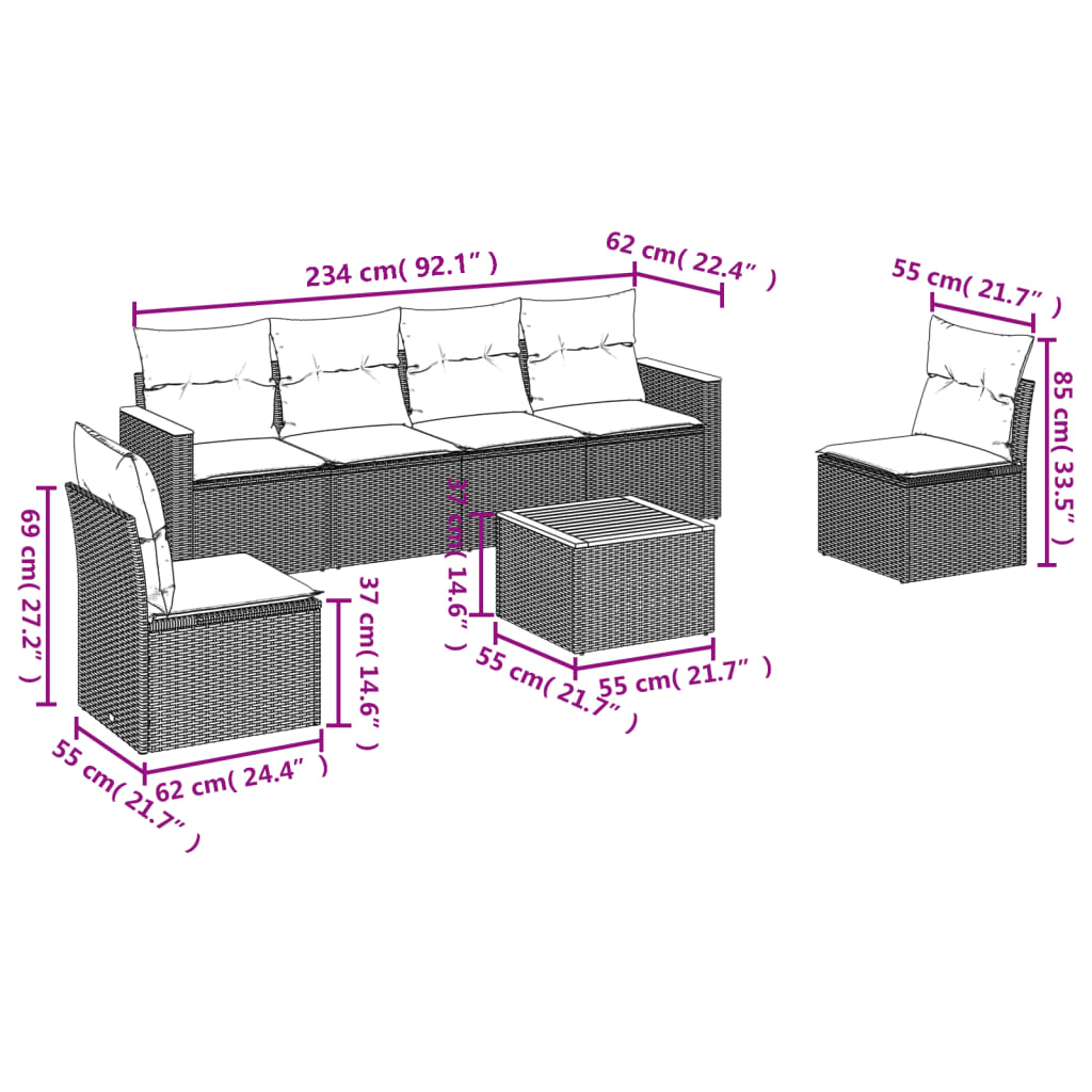 Sofás de jardim Conjunto de 7 peças com almofadas de vime cinza