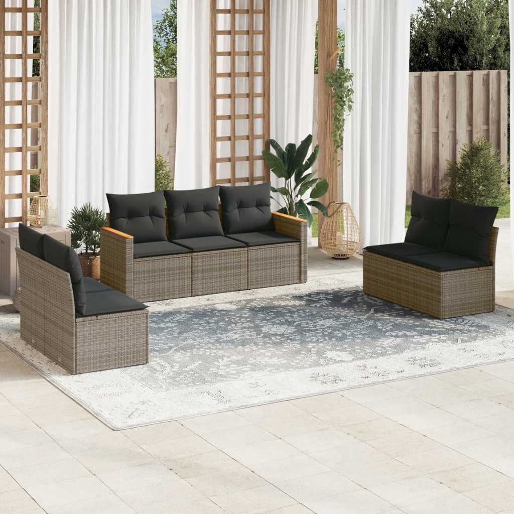 Garden Sofas Set 7 pieces with gray rattan cushions