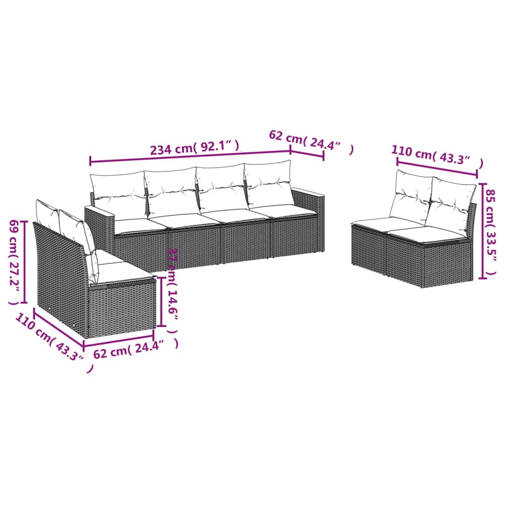 Sofás de jardim Conjunto de 8 peças e almofadas de vime sintético preto