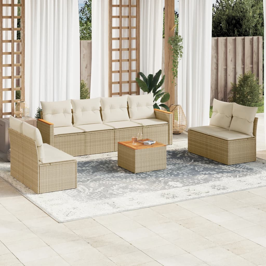 Vetonek Set de sofás de jardín 9 pzas con cojines ratán sintético beige