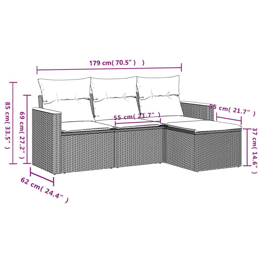 Set de sofás de jardín 4 pzas y cojines ratán sintético gris - Vetonek