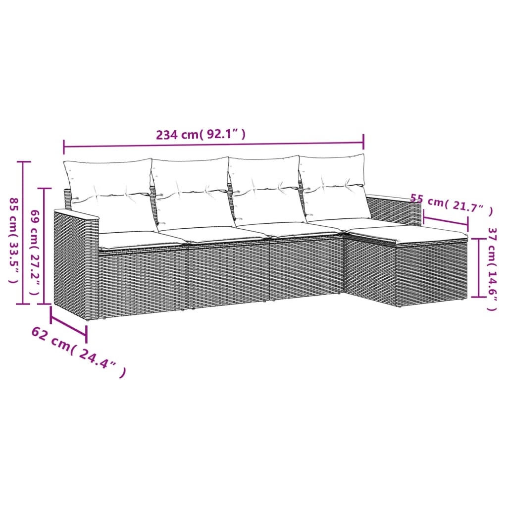 Set de muebles de jardín 5 pzas y cojines ratán sintético negro