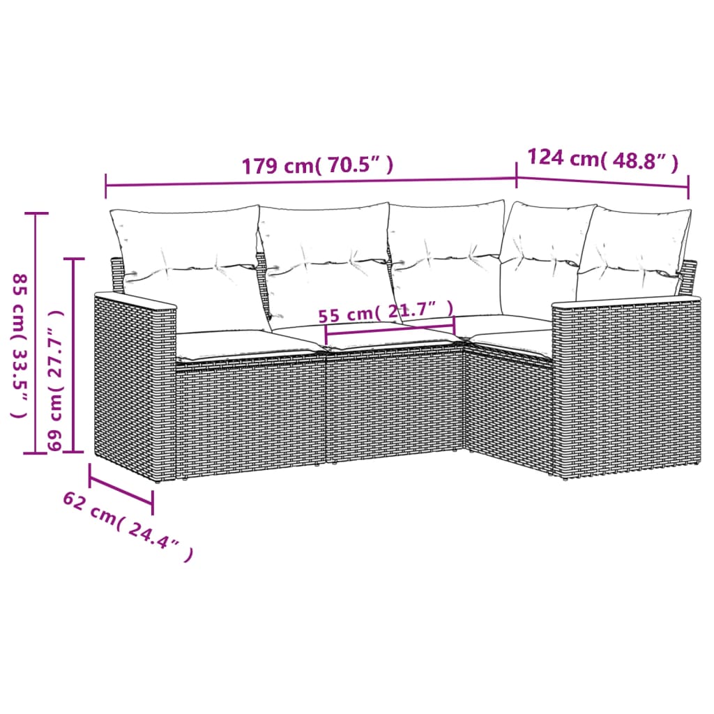 4 PCs Gartensofas Set und graue synthetische Rattan -Kissen