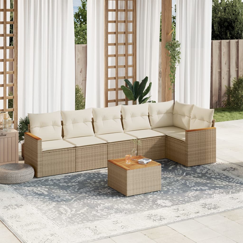 Set sofás de jardín 7 piezas y cojines ratán sintético beige