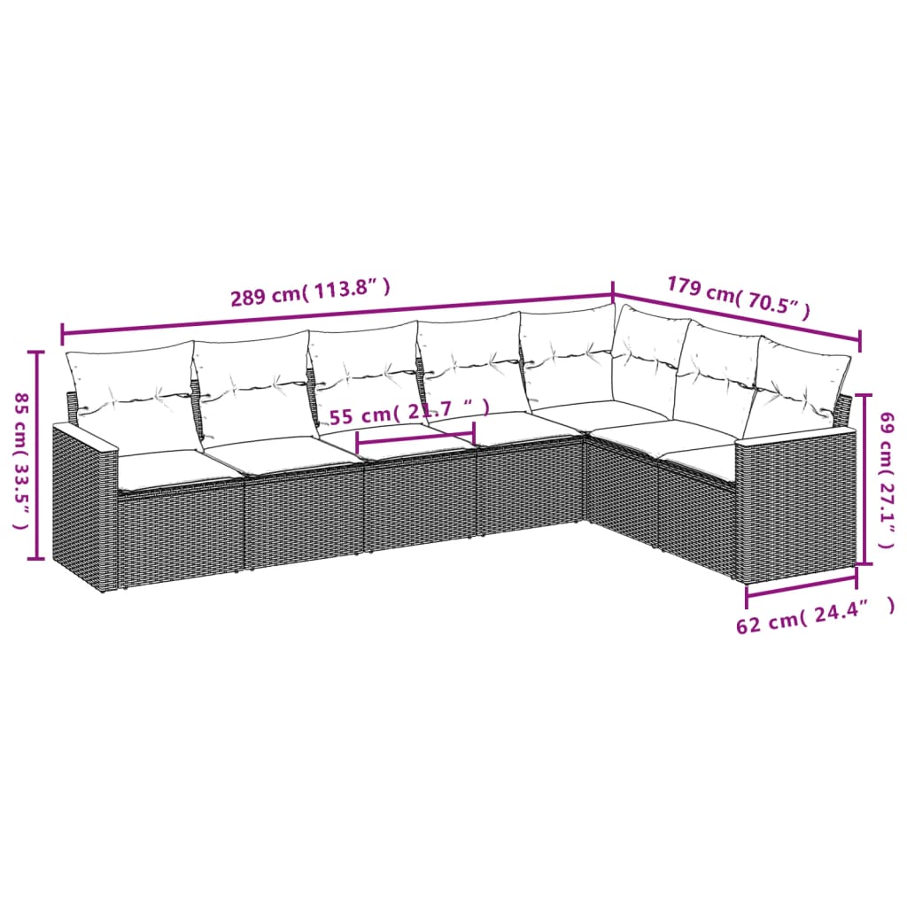 Garden dining set 7 pcs and black synthetic rattan cushions