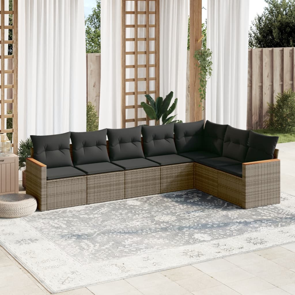 Garden Sofas Set 7 pieces with gray rattan cushions