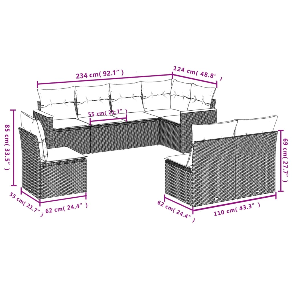 Set de sofás de jardín 8 pzas y cojines ratán sintético gris