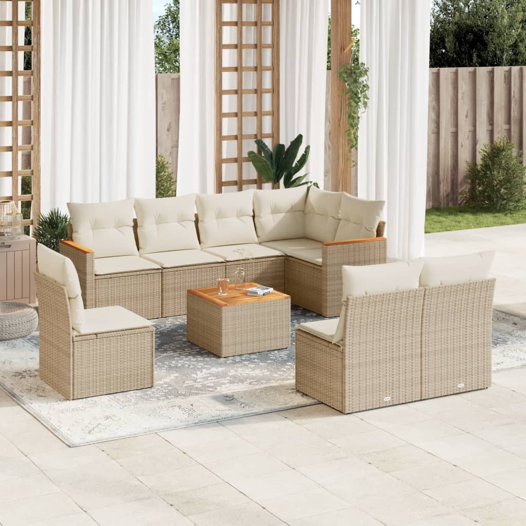 Vetonek Set de sofás de jardín 9 pzas con cojines ratán sintético beige