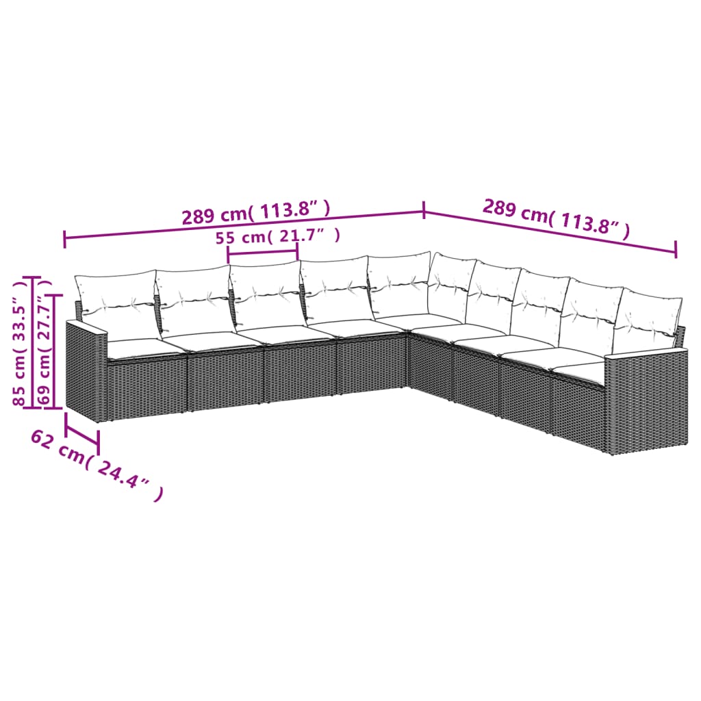 Set de sofás de jardín 8 piezas y cojines ratán sintético negro