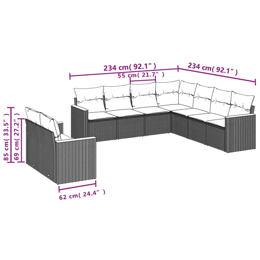 Garden Sofas Set 9 Pcs with Beige synthetic cushions